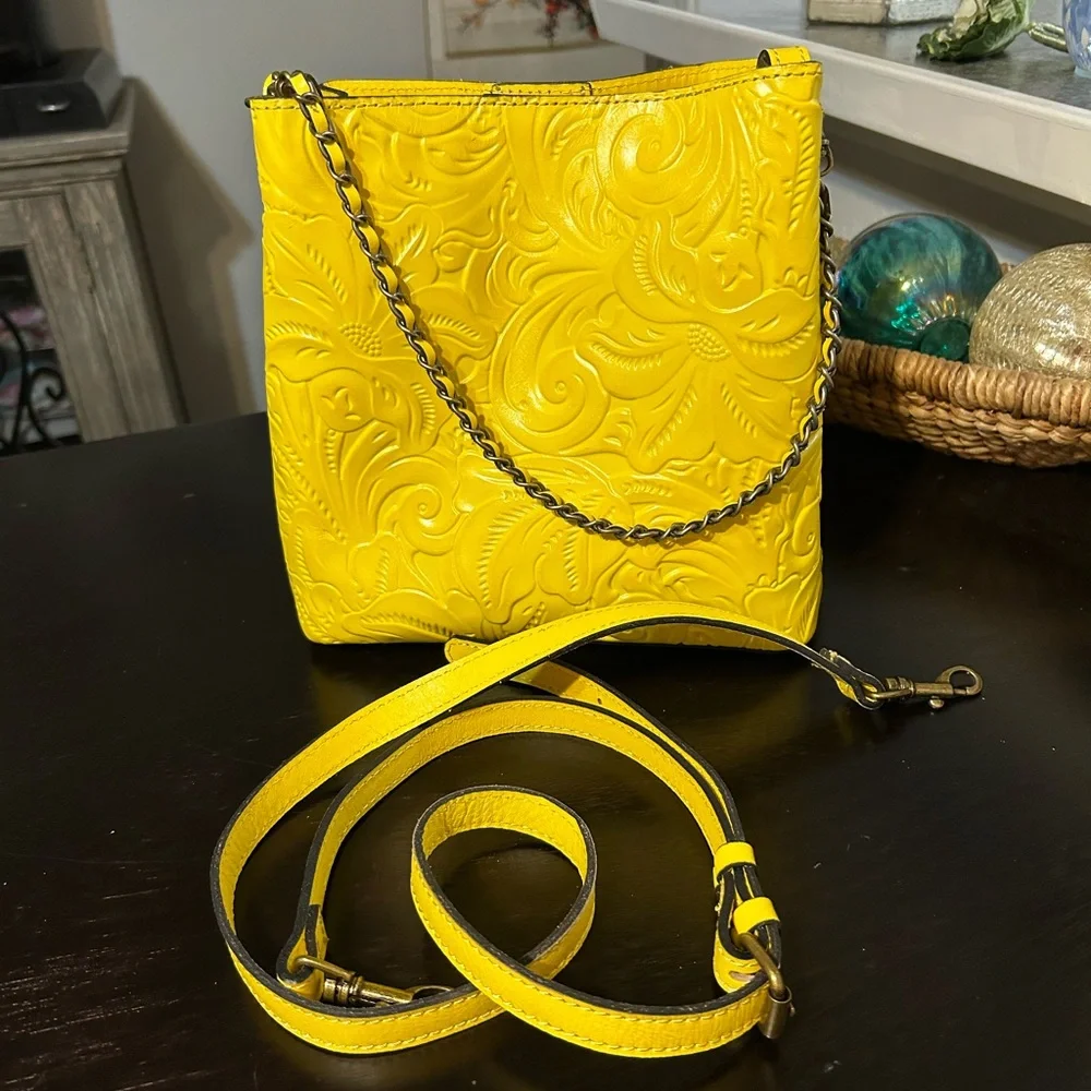 PATRICIA NASH Yellow Tooled Leather Ledra Bucket / Crossbody Bag - Picture 2 of 11